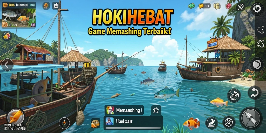 Tampilan antarmuka HOKIHEBAT saat bermain memancing di laut.